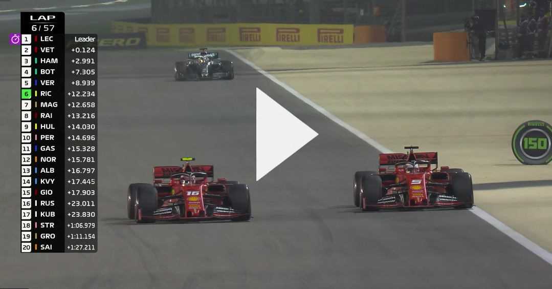 Video: Pohled z Leclercova vozu na záď Vettelova vozu ajeho následné předjetí