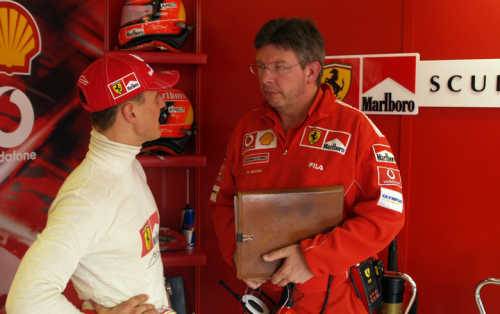 Ross Brawn (vpravo) s Michaelem Schumacherem během slavné éry u Ferrari
