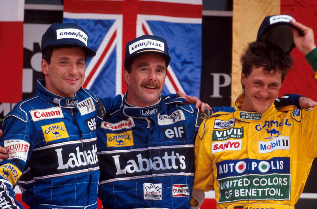 V takovéhle sestavě se sešli Patrese, Mansell a Schumacher na pódiu při poslední mexické Grand Prix.