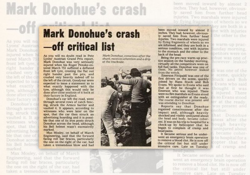 Dobový tisk píšící o smrtelné nehodě Marka Donohuea (Rakousko, 1975).