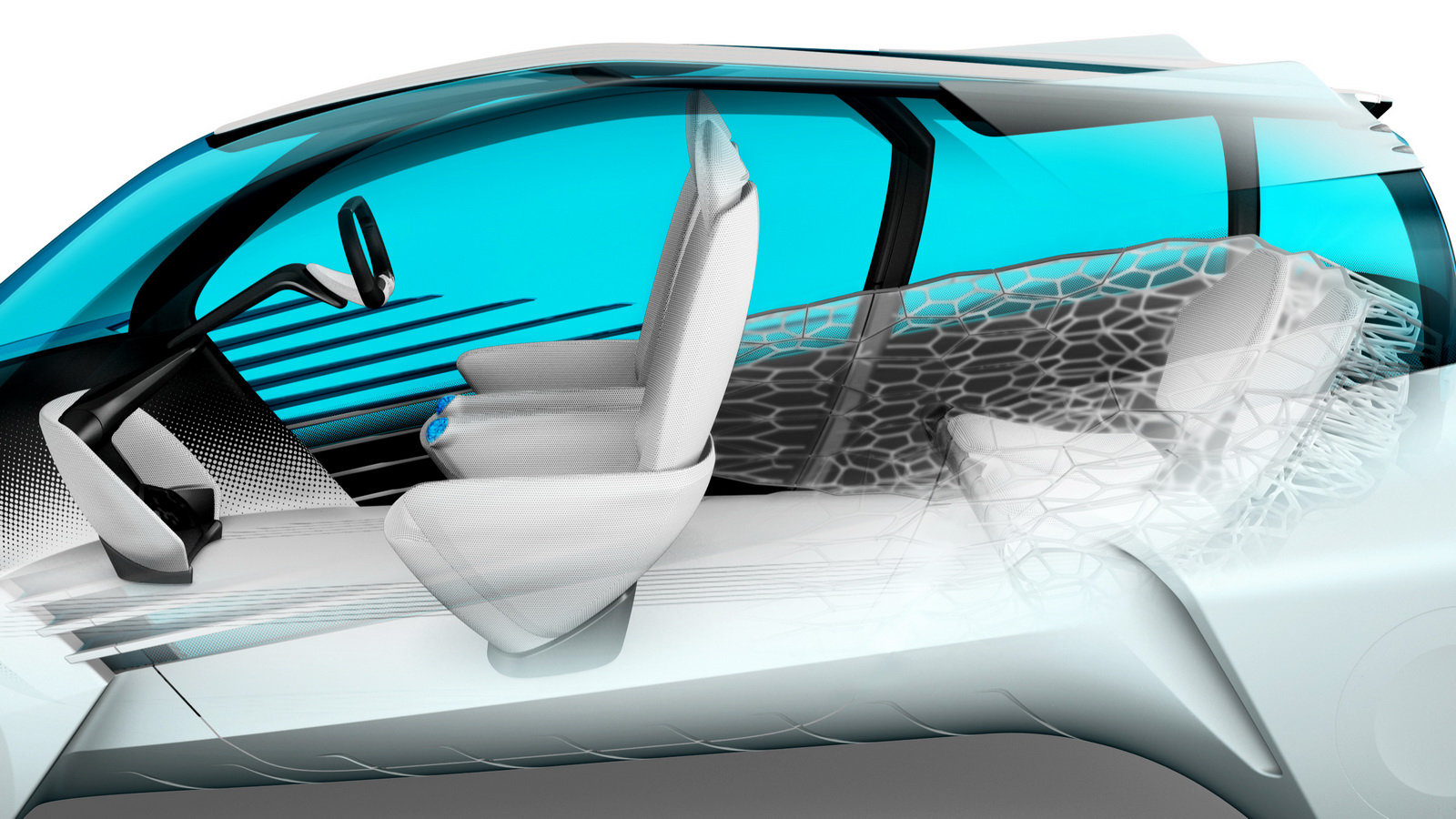 Inovativní koncept sezení s velkým množstvím místa, při velmi kompaktních rozměrech, Toyota FCV Plus.