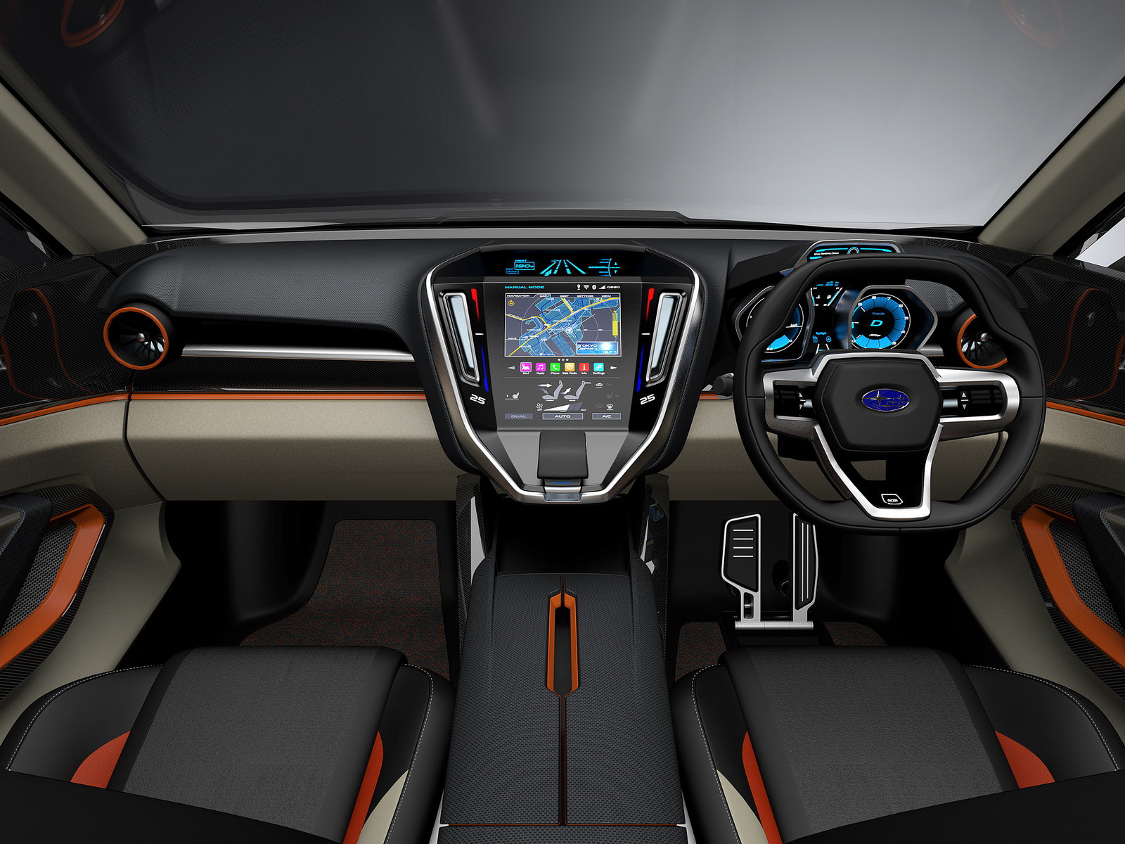 Displej multimediálního systému, oranžové akcenty a sportovní volant, Subaru Viziv Future.