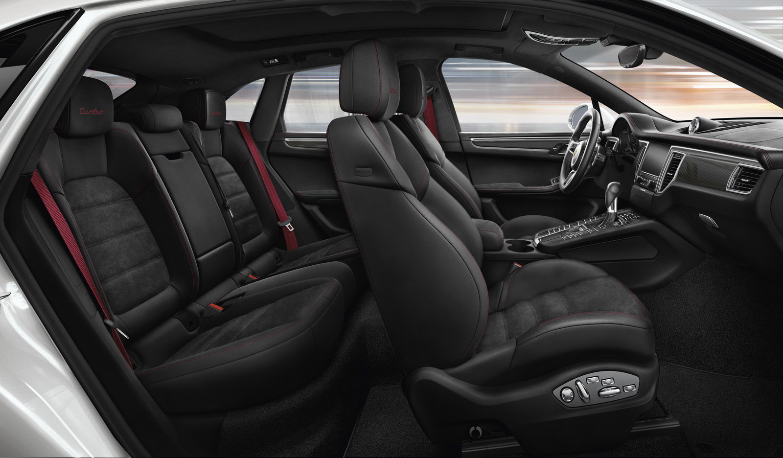 Povšimněte si Alcantarových středů sedadel a kontrastního prošívání, Porsche Macan.