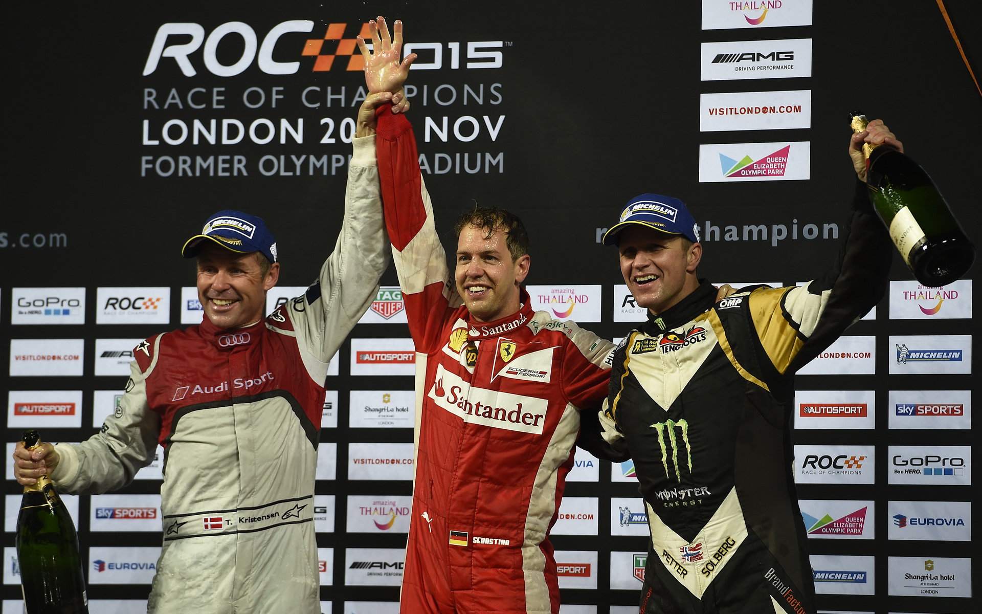 Sebastian Vettel, Tom Kristensen a Petter Solberg na podiu Race of champions