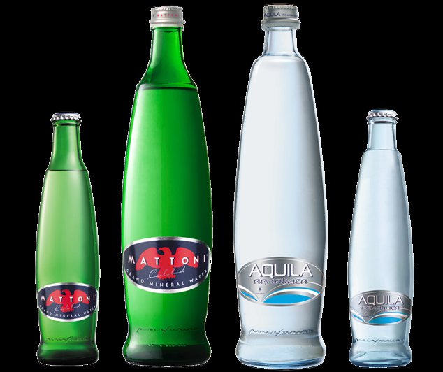 Skleněná lahev pro minerální vodu Mattoni a Aquila navržena Pininfarinou