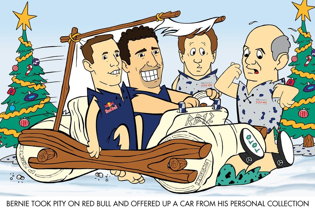 Novoroční přání Red Bullu: piloti Daniil Kvjat a Daniel Ricciardo se šlapacím pohonem válcují Tota Wolffa
