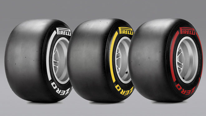 Super-měkká, měkká a středně-tvrdá směs pneumatik Pirelli (zprava doleva)