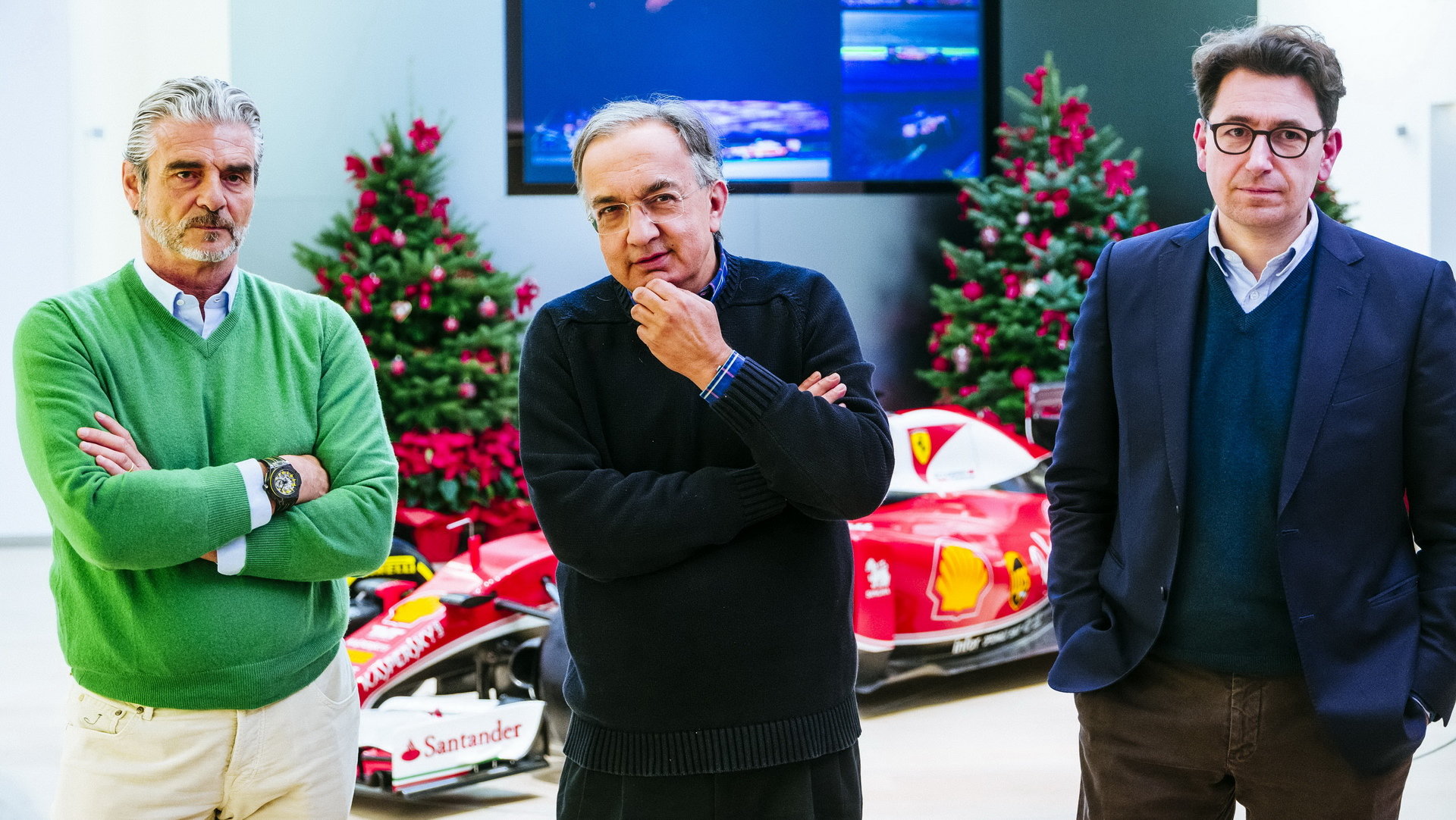 Současní lídři Ferrari: Maurizio Arrivabene, Sergio Marchionne a Mattia Binotto