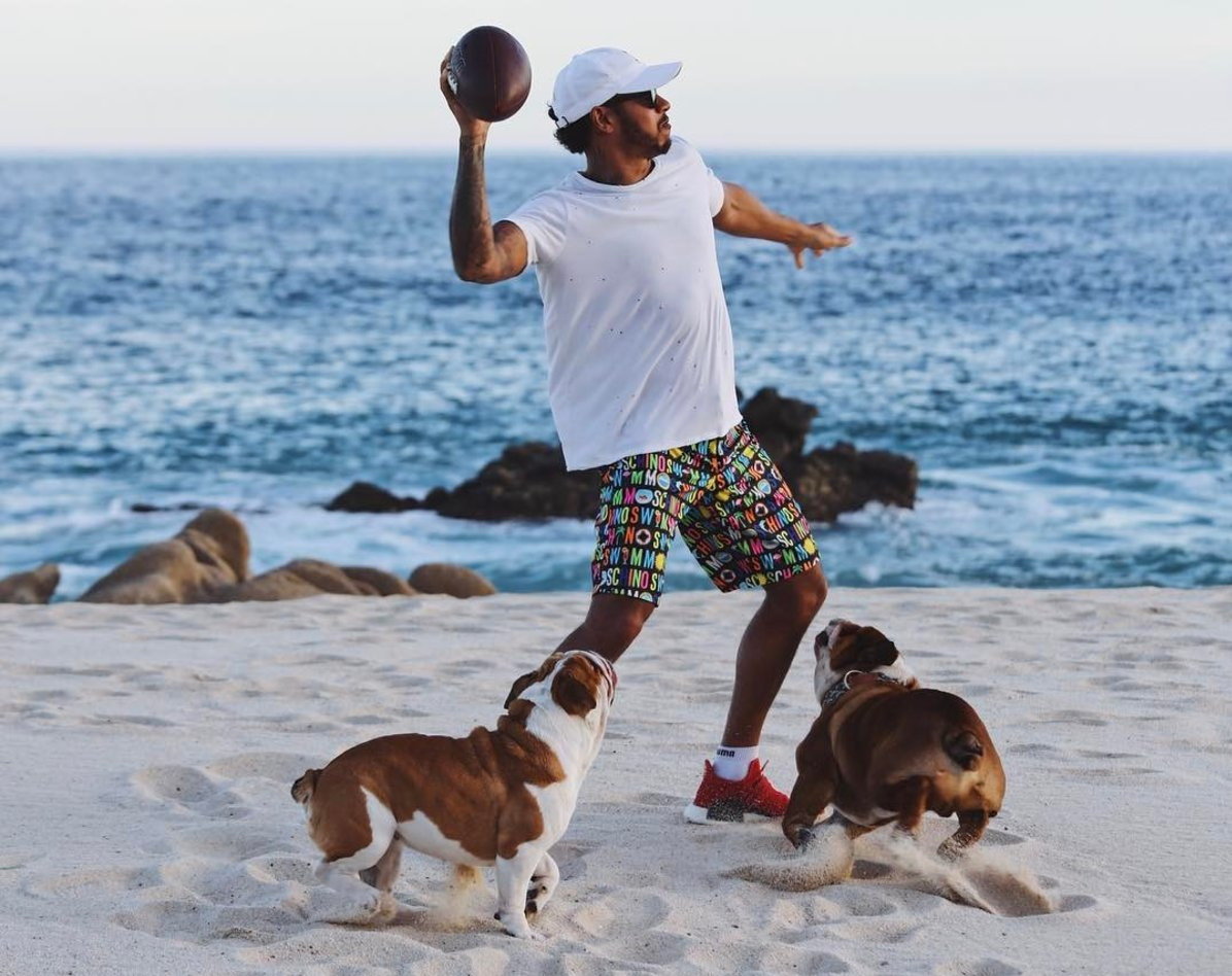 Lewis Hamilton při hře se svými psy na pláži