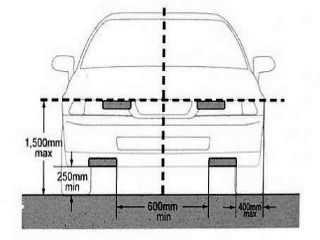Umístění musí být souměrné k podélné střední rovině vozidla s minimální vzdáleností mezi vnitřními okraji svítilny 600 mm a ve výšce v rozmezí od 250 mm do 1500 mm nad vozovkou.