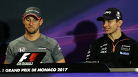 Jenson Button za dohledu Estebana Ocona sděluje své dojmy z první jízdy po návratu