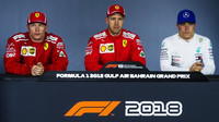 KImiRäikkönen, Sebastian Vettel a Valtteri Bottas na tiskovce po kvalifikaci v Bahrajnu