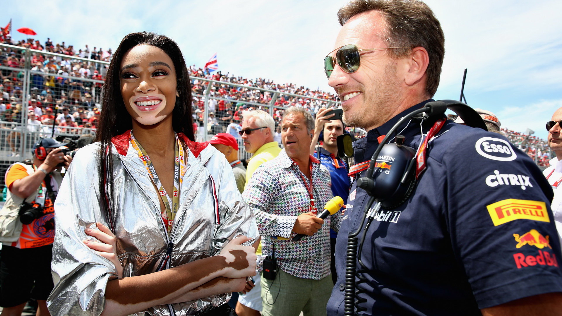 Winnie Harlowová a Christian Horner před závodem v Kanadě