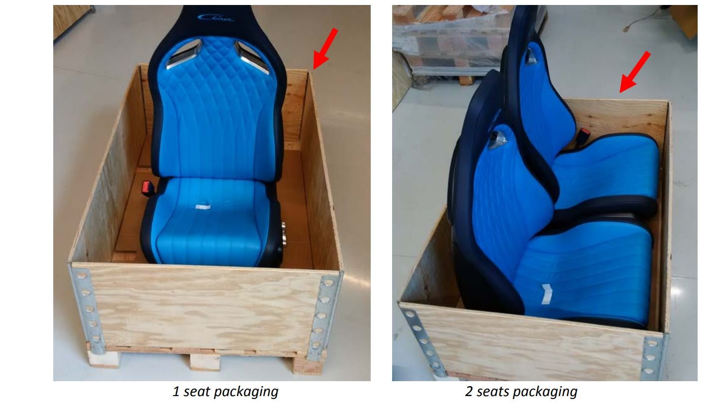 Speciální postup balení a odesílání sedadel z Bugatti Chiron zpět do automobilky ve Francii