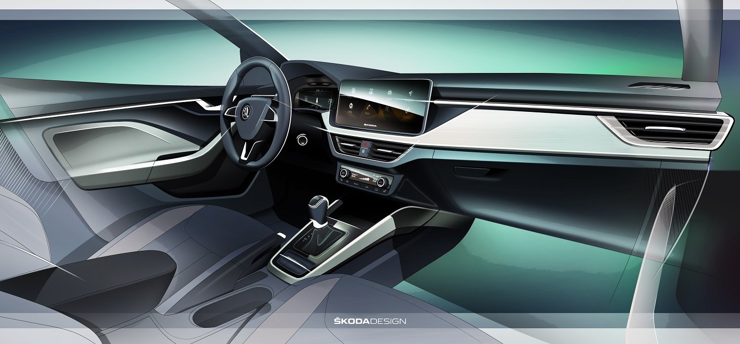 Ve voze Škoda Scala bude mít premiéru nový koncept interiéru, pro který je charakteristická nová přístrojová deska a vysoko umístěný centrální displej