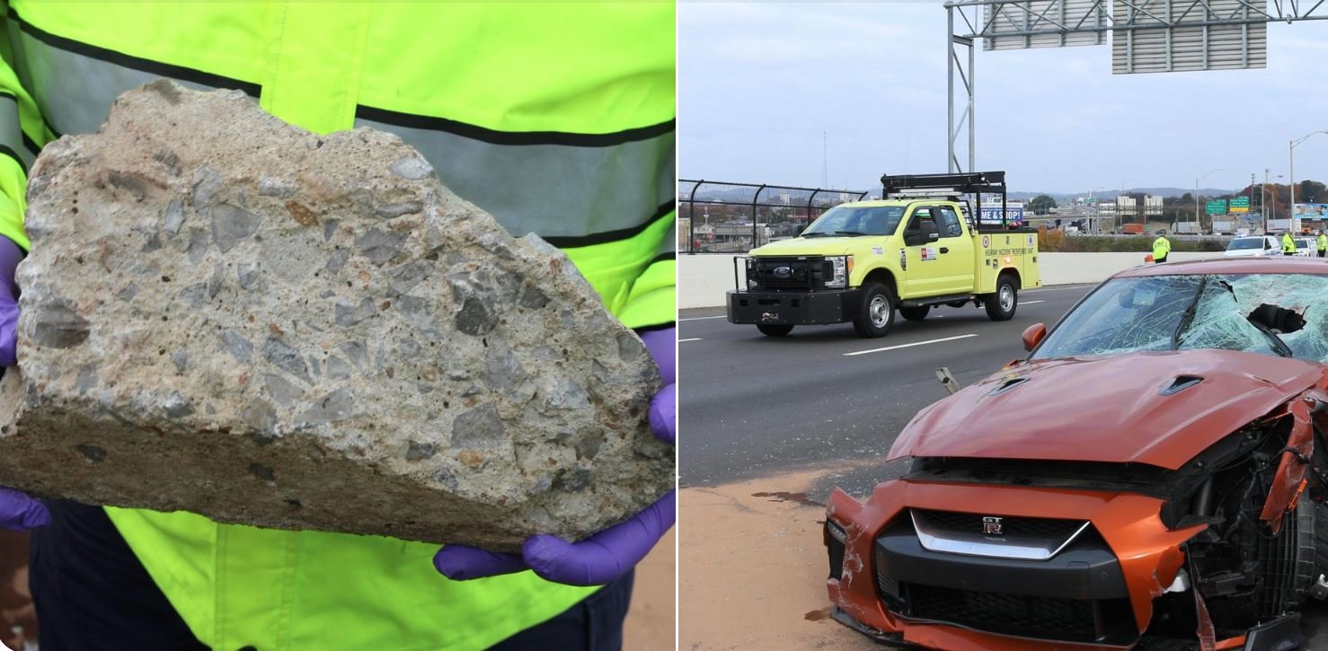 Kus betonu hozený z mostu usmrtil řidiče projíždějícího Nissanu GT-R