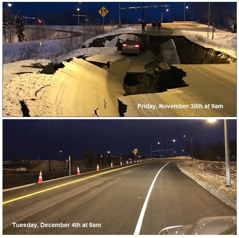 Na Aljašce předvedli neuvěřitelně rychlou opravu zemětřesením poškozených komunikací (facebook/ Alaska Tour & Travel)