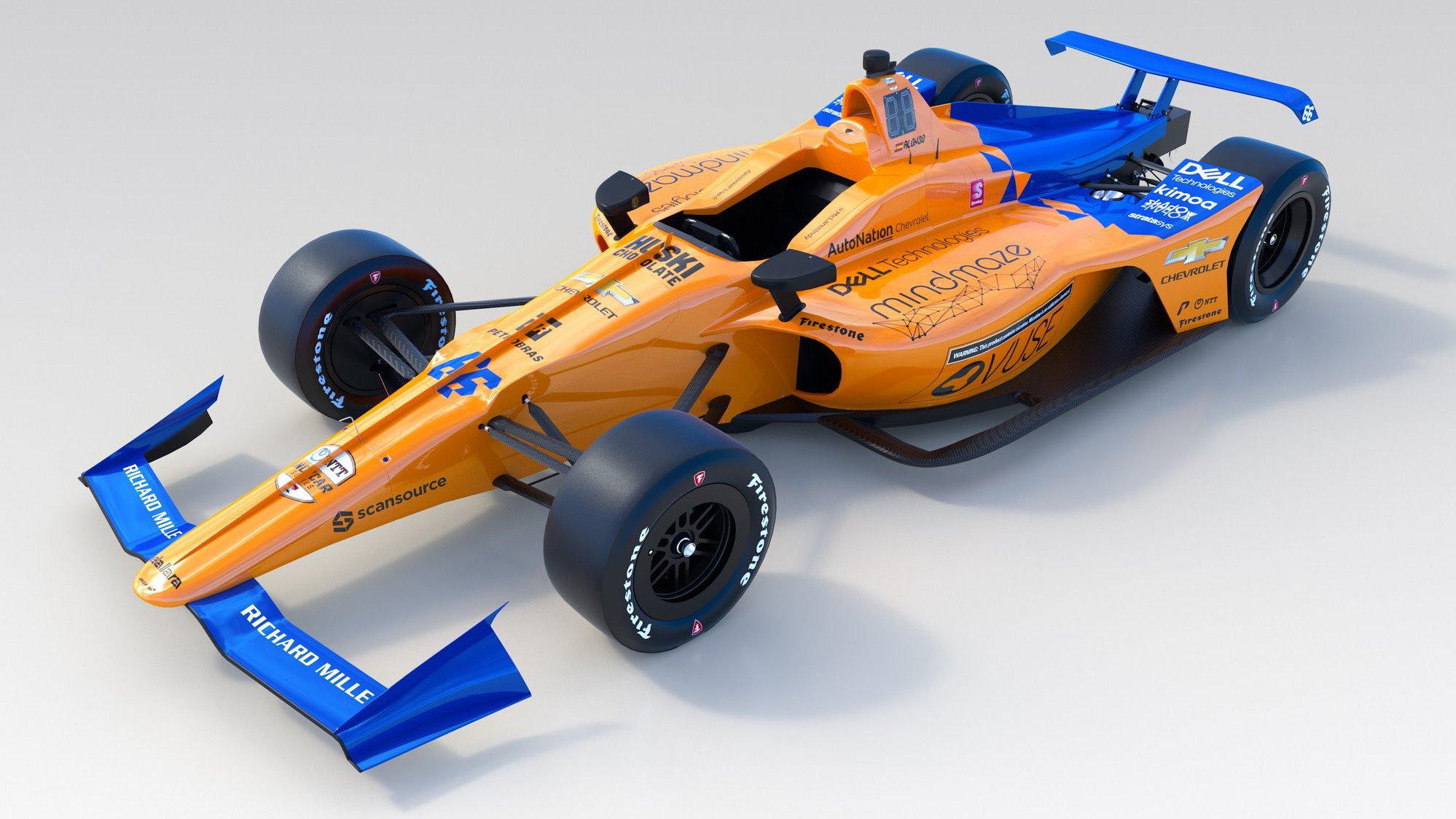 McLaren s číslem 66 postavený pro Fernanda Alonsa na závod Indianapolis 500