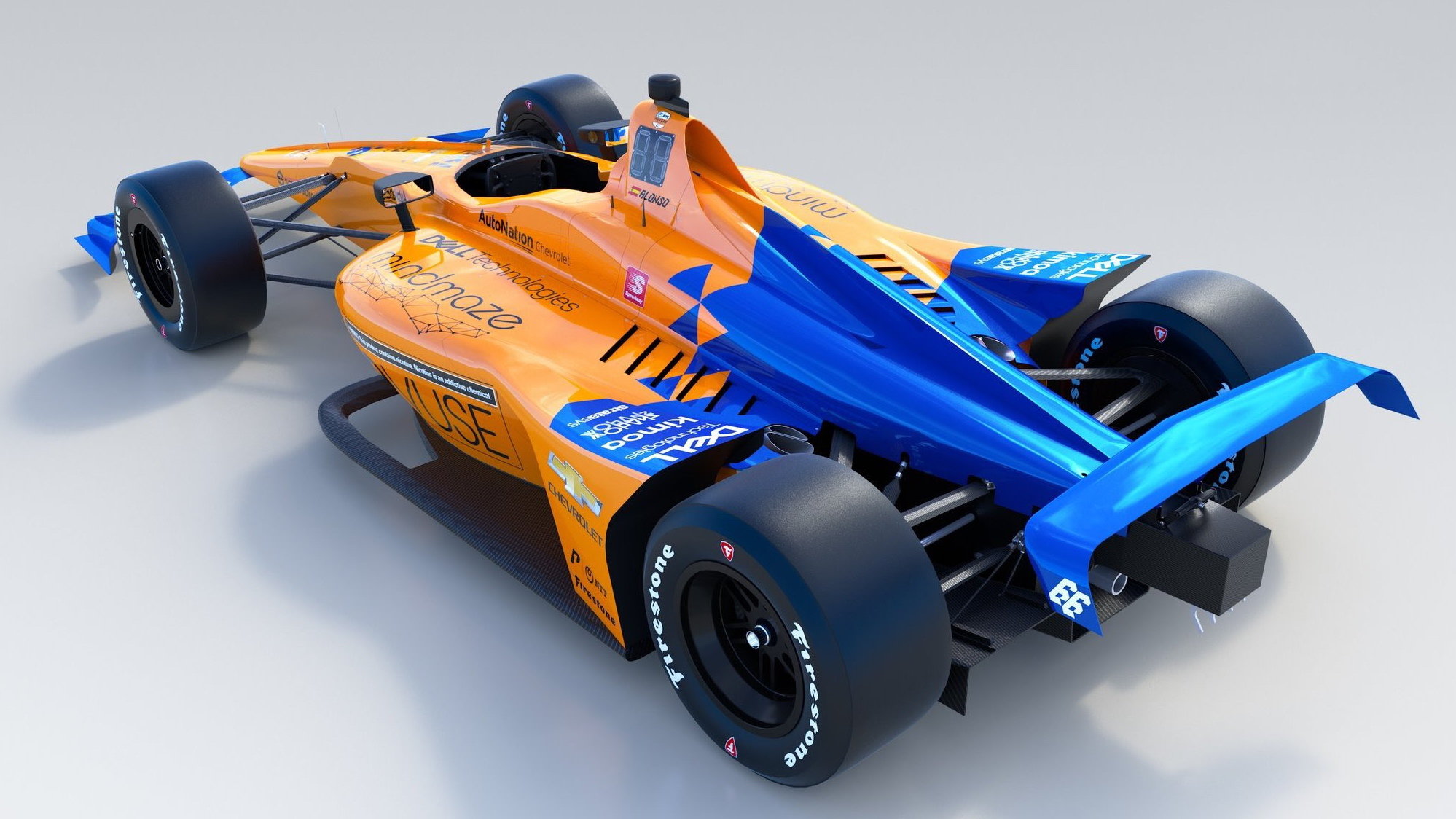 McLaren s číslem 66 postavený pro Fernanda Alonsa na závod Indianapolis 500