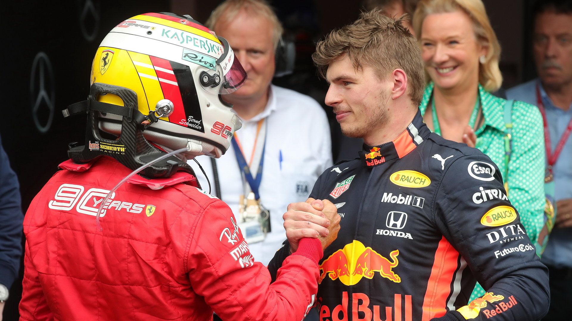Max Verstappen a Sebastian Vettel po závodě v Německu