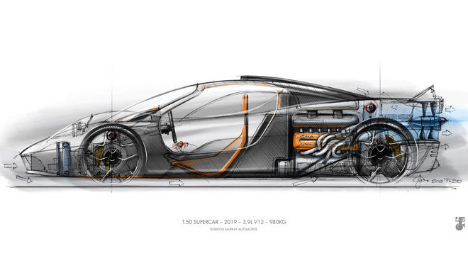 Skica vozu T50 - duchovního nástupce legendárního McLarenu F1